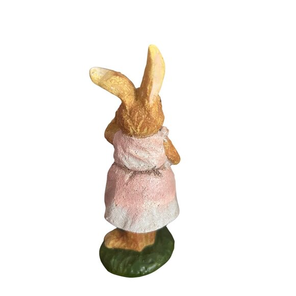 Hand-Painted Resin Bunny Figurine In Pink Dress Holding Flower - Picture 2 of 3